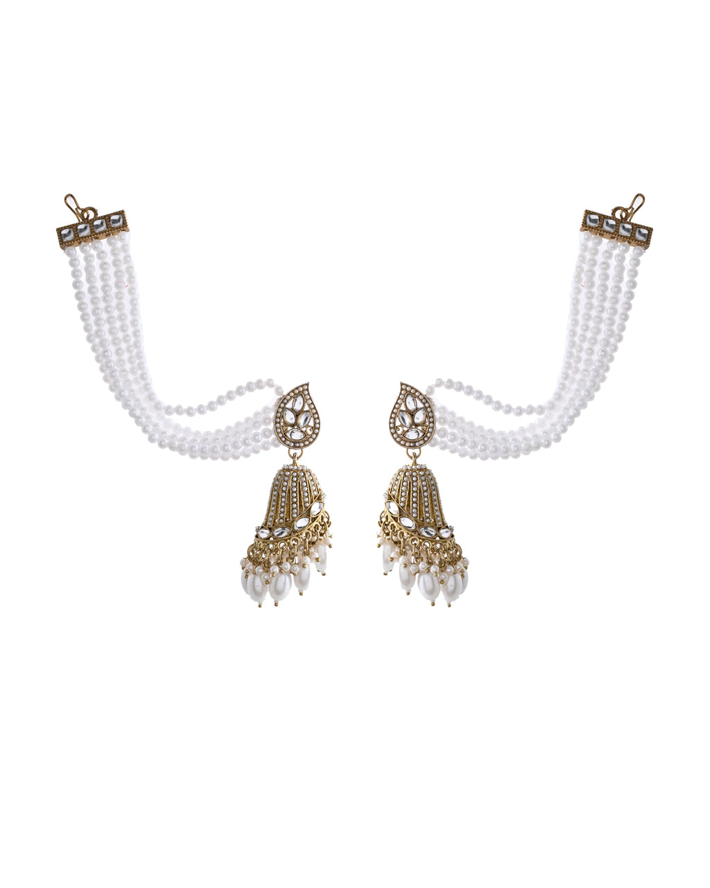 Jewels Nest Grand Traditional Gold and Pearl Jhumka Earrings with Kundan and Layered Pearl Strings - Distacart
