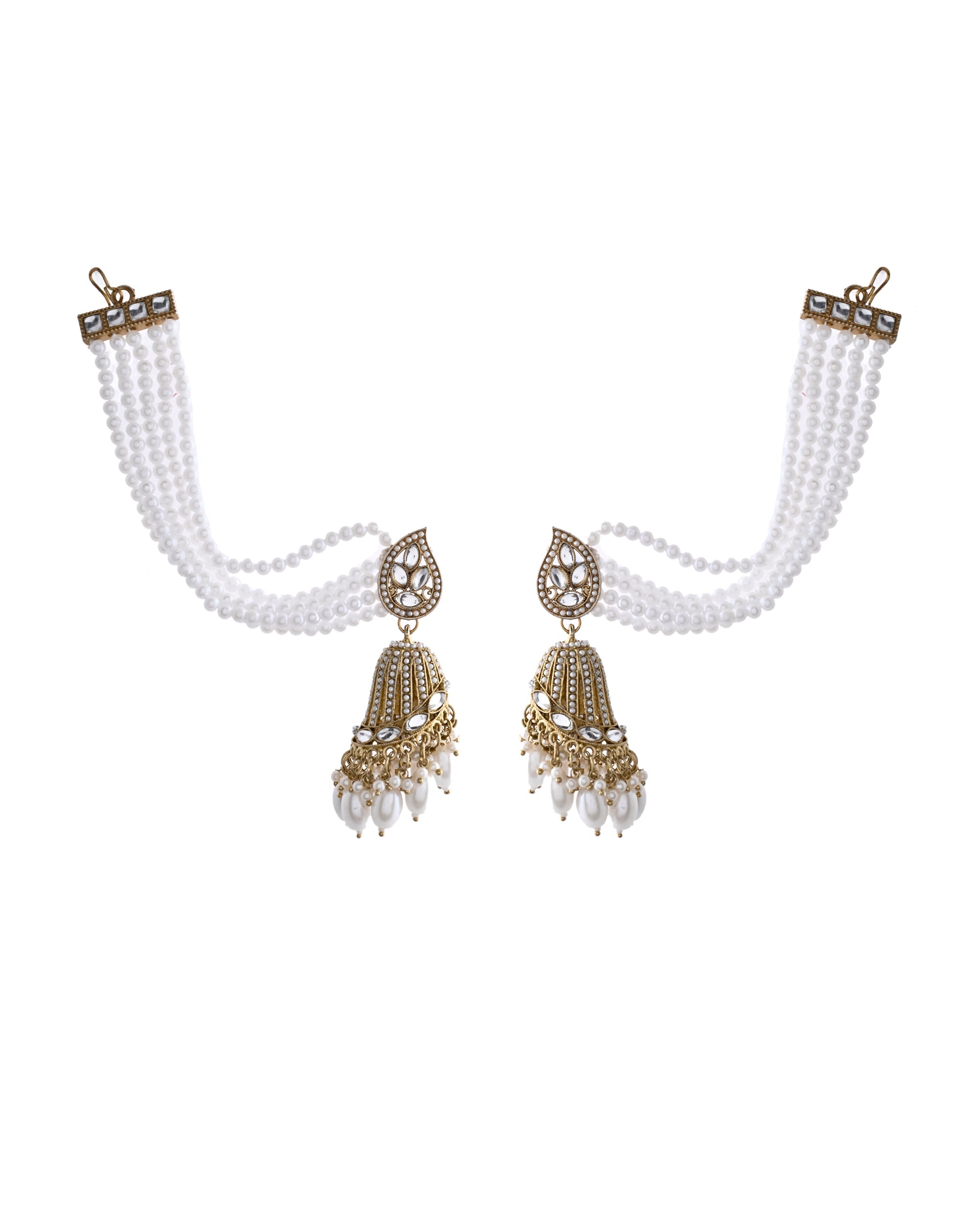 Jewels Nest Grand Traditional Gold and Pearl Jhumka Earrings with Kundan and Layered Pearl Strings - Distacart