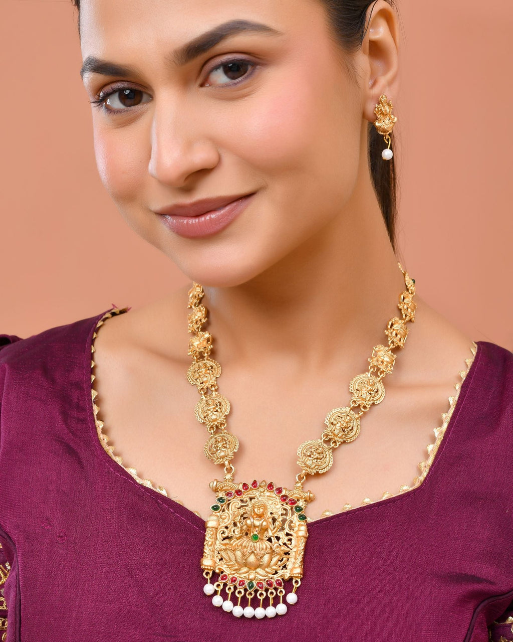 Jewels Nest Gold-Tone Lakshmi Temple Long Necklace Set With Earrings