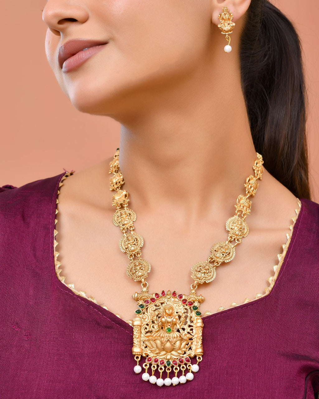 Jewels Nest Gold-Tone Lakshmi Temple Long Necklace Set With Earrings