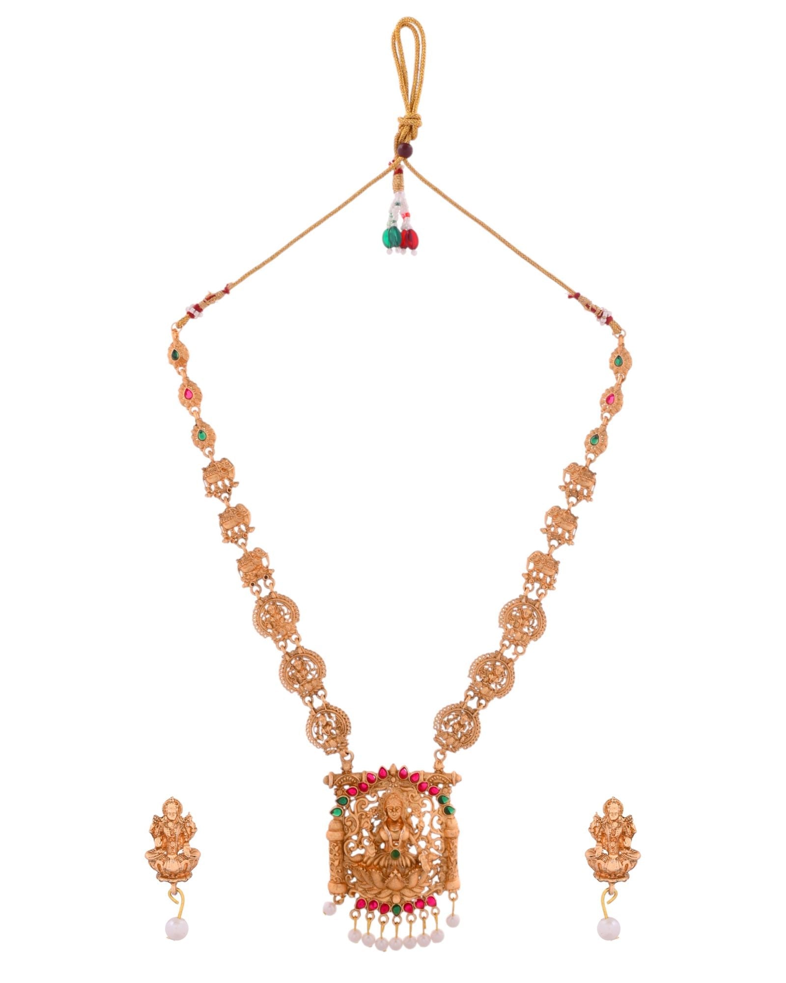 Jewels Nest Gold-Tone Lakshmi Temple Long Necklace Set With Earrings