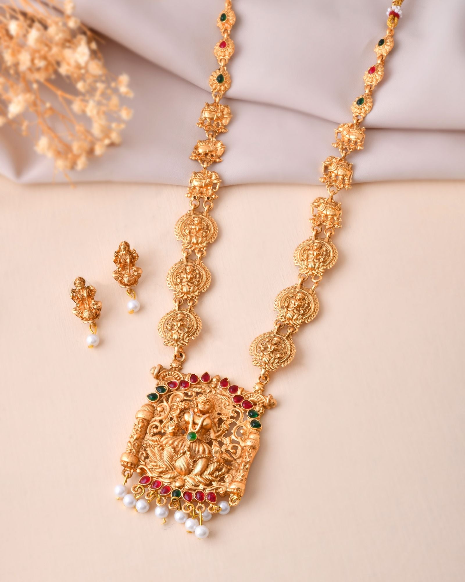 Jewels Nest Gold-Tone Lakshmi Temple Long Necklace Set With Earrings