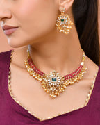 Jewels Nest Gold-Tone Kundan Choker Necklace Set With Red Stones & Pearl Drops