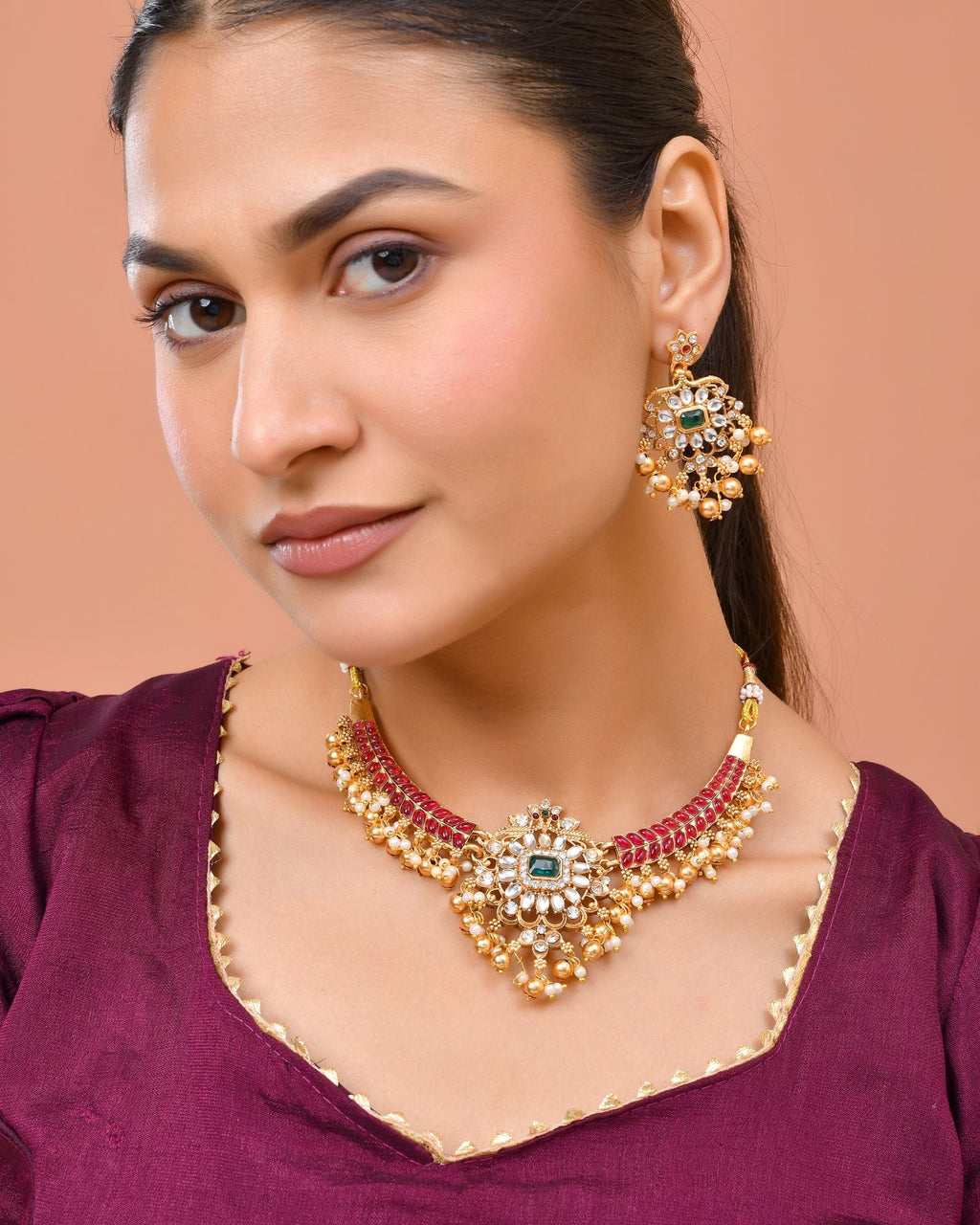 Jewels Nest Gold-Tone Kundan Choker Necklace Set With Red Stones & Pearl Drops