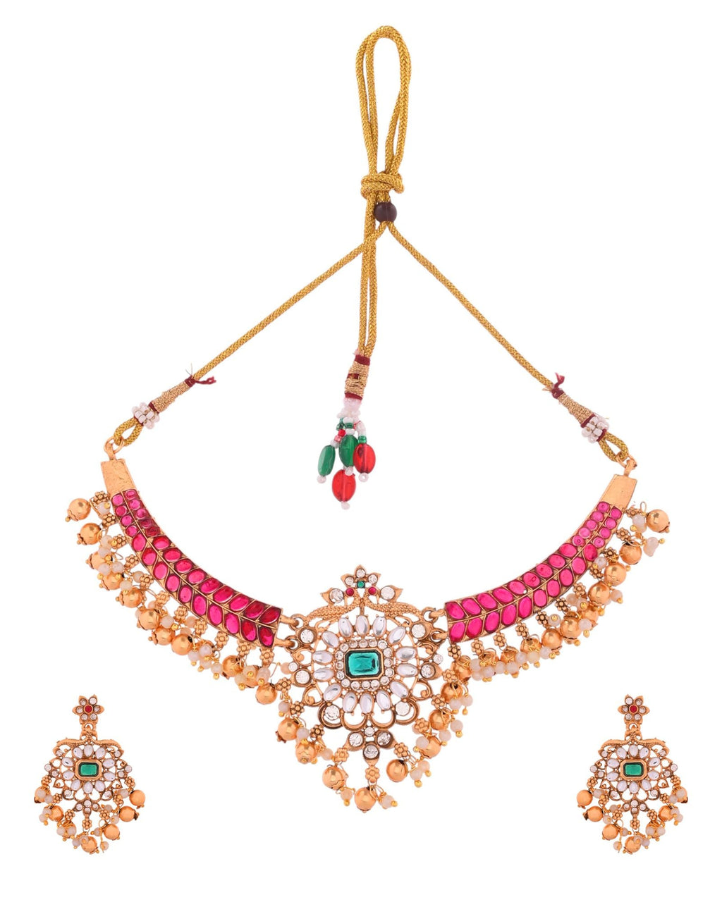 Jewels Nest Gold-Tone Kundan Choker Necklace Set With Red Stones & Pearl Drops