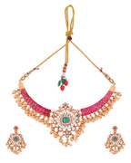 Jewels Nest Gold-Tone Kundan Choker Necklace Set With Red Stones & Pearl Drops