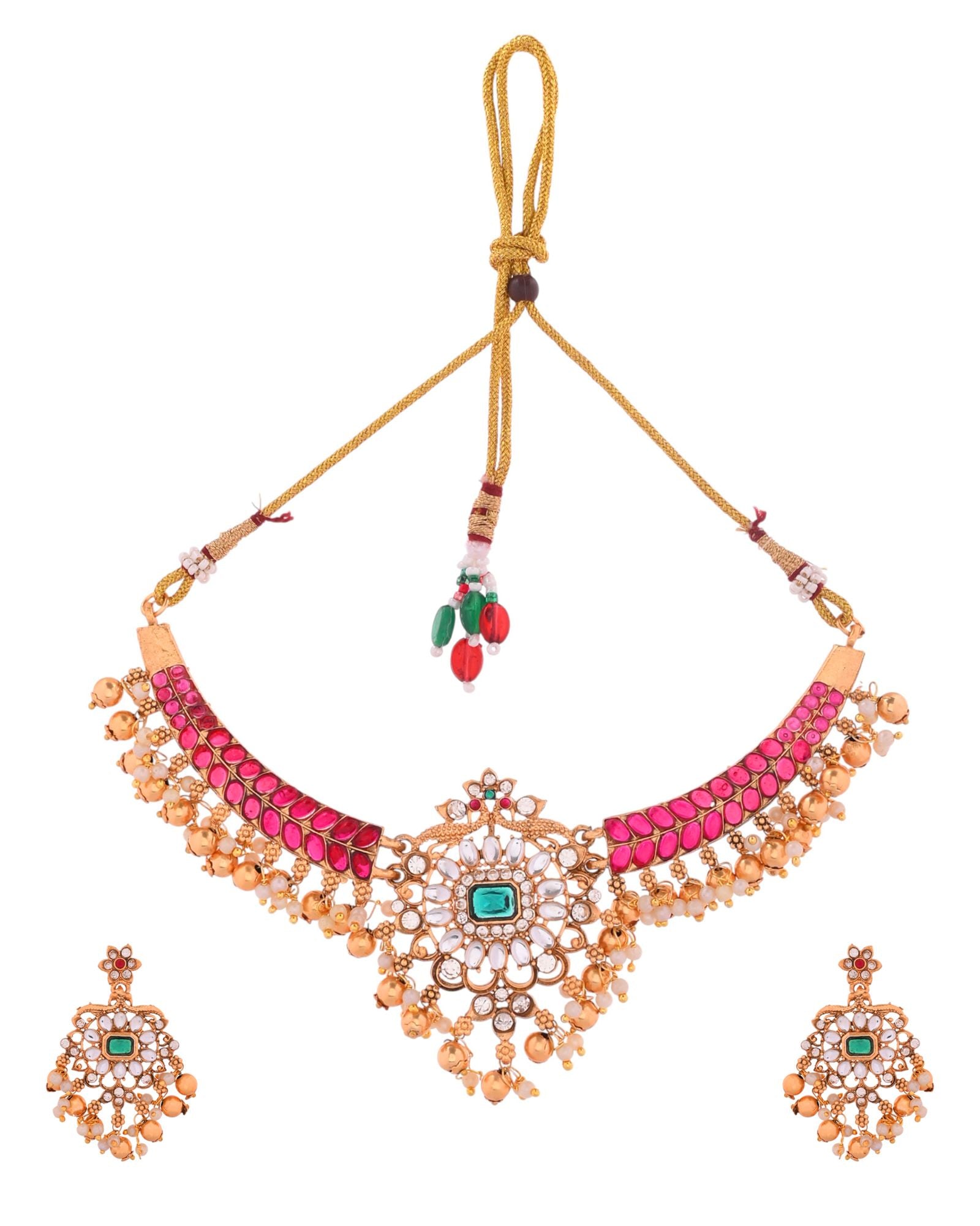 Jewels Nest Gold-Tone Kundan Choker Necklace Set With Red Stones & Pearl Drops