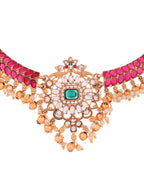 Jewels Nest Gold-Tone Kundan Choker Necklace Set With Red Stones & Pearl Drops
