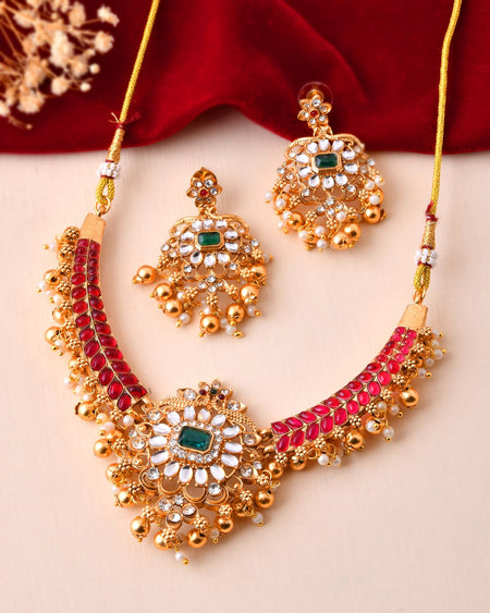 Jewels Nest Gold-Tone Kundan Choker Necklace Set With Red Stones & Pearl Drops