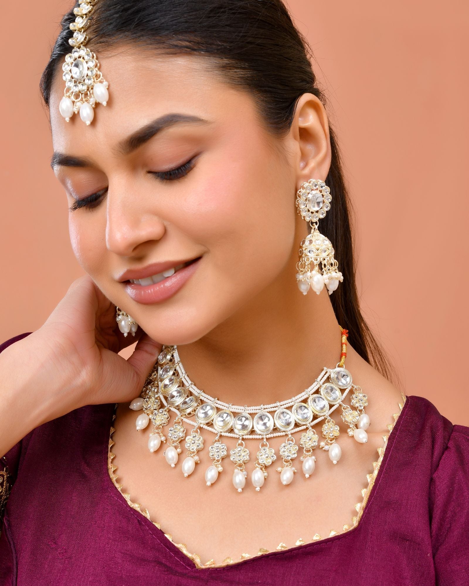Jewels Nest Gold-Tone Kundan Choker Necklace Set With Pearl Drops & Maang Tikka