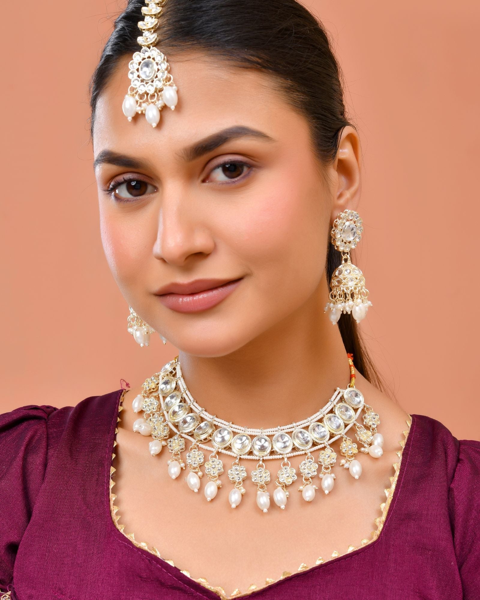 Jewels Nest Gold-Tone Kundan Choker Necklace Set With Pearl Drops & Maang Tikka