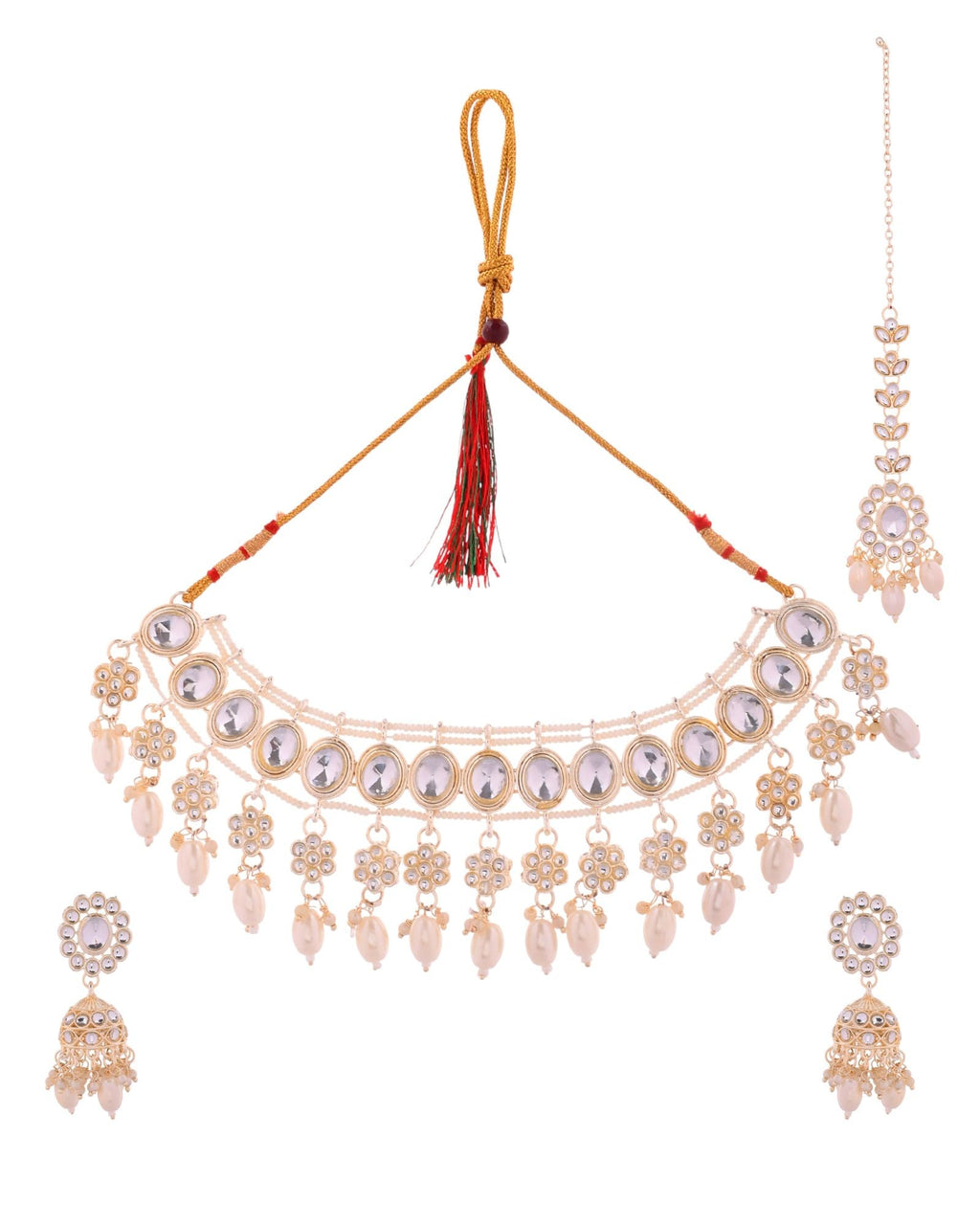 Jewels Nest Gold-Tone Kundan Choker Necklace Set With Pearl Drops & Maang Tikka