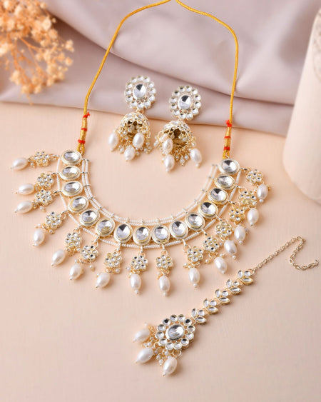 Jewels Nest Gold-Tone Kundan Choker Necklace Set With Pearl Drops & Maang Tikka