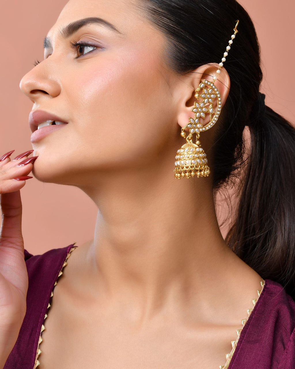 Jewels Nest Gold-Tone Kundan Ear Cuff Jhumka Earrings With Pearl Chain - Distacart