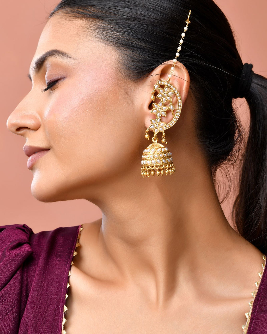 Jewels Nest Gold-Tone Kundan Ear Cuff Jhumka Earrings With Pearl Chain - Distacart