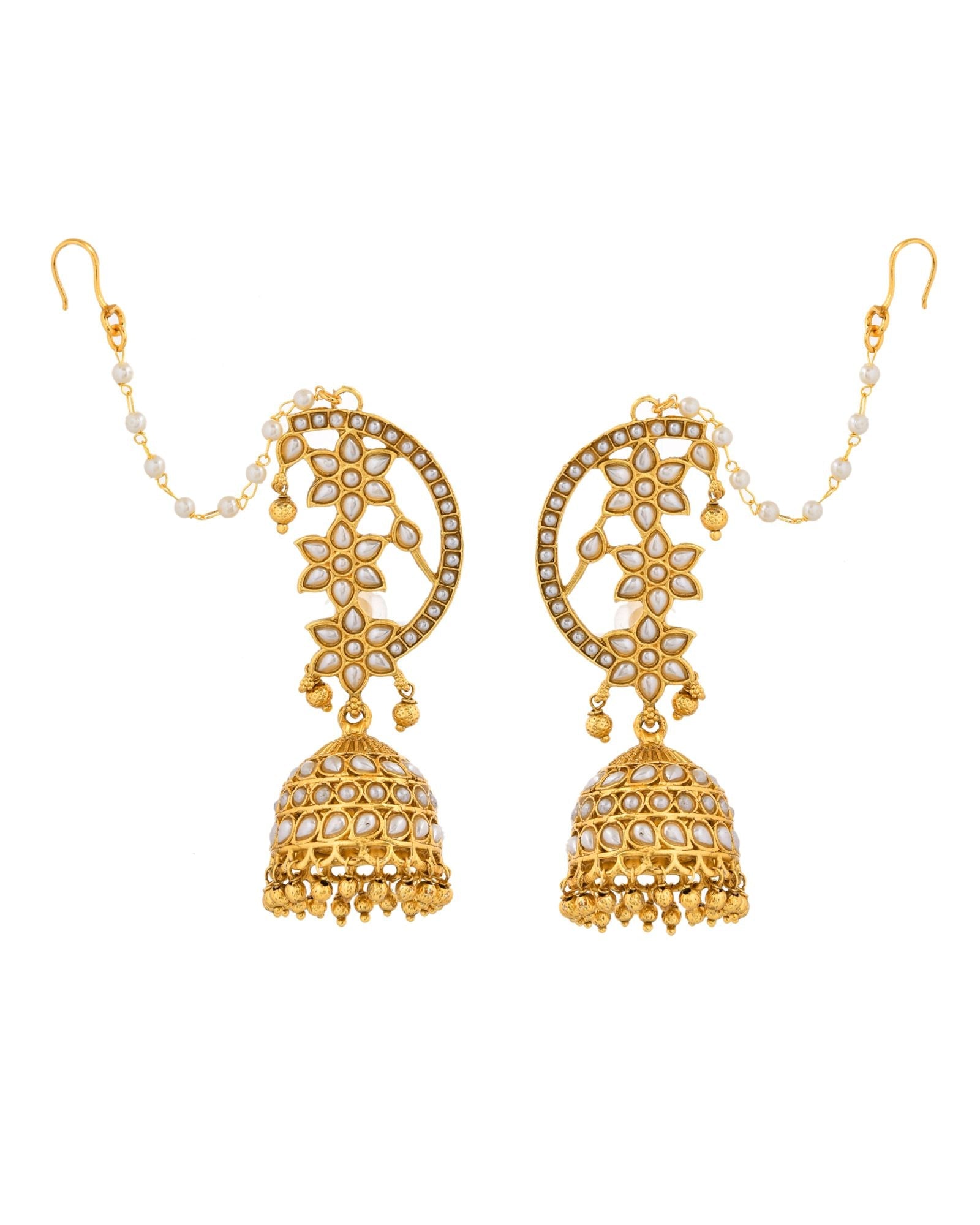 Jewels Nest Gold-Tone Kundan Ear Cuff Jhumka Earrings With Pearl Chain - Distacart