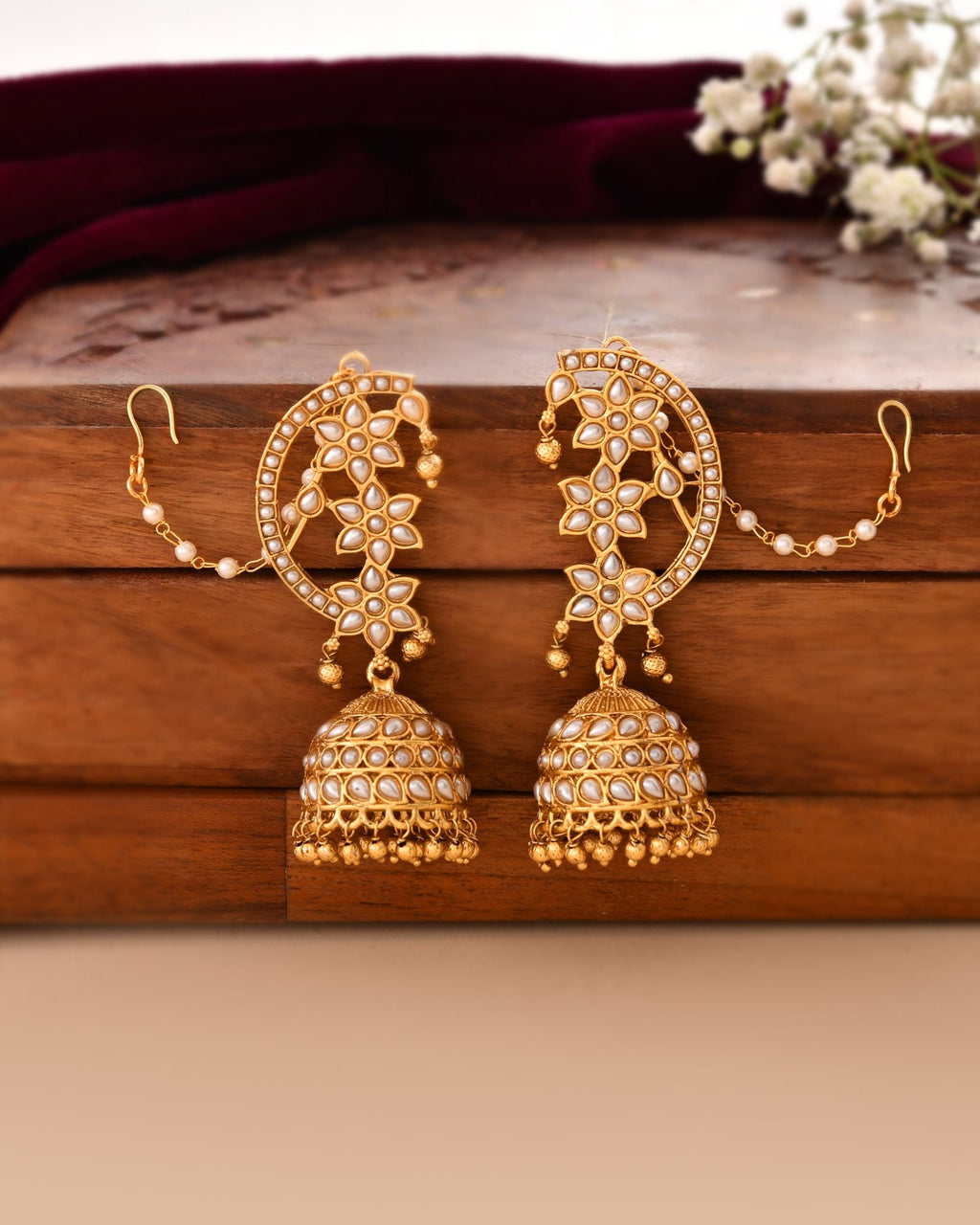 Jewels Nest Gold-Tone Kundan Ear Cuff Jhumka Earrings With Pearl Chain - Distacart