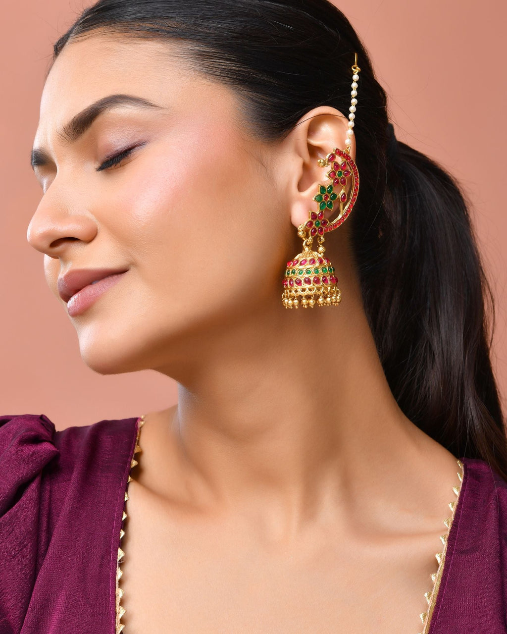 Jewels Nest Gold-Tone Kundan Floral Ear Cuff Jhumka Earrings With Pearl Chain - Distacart