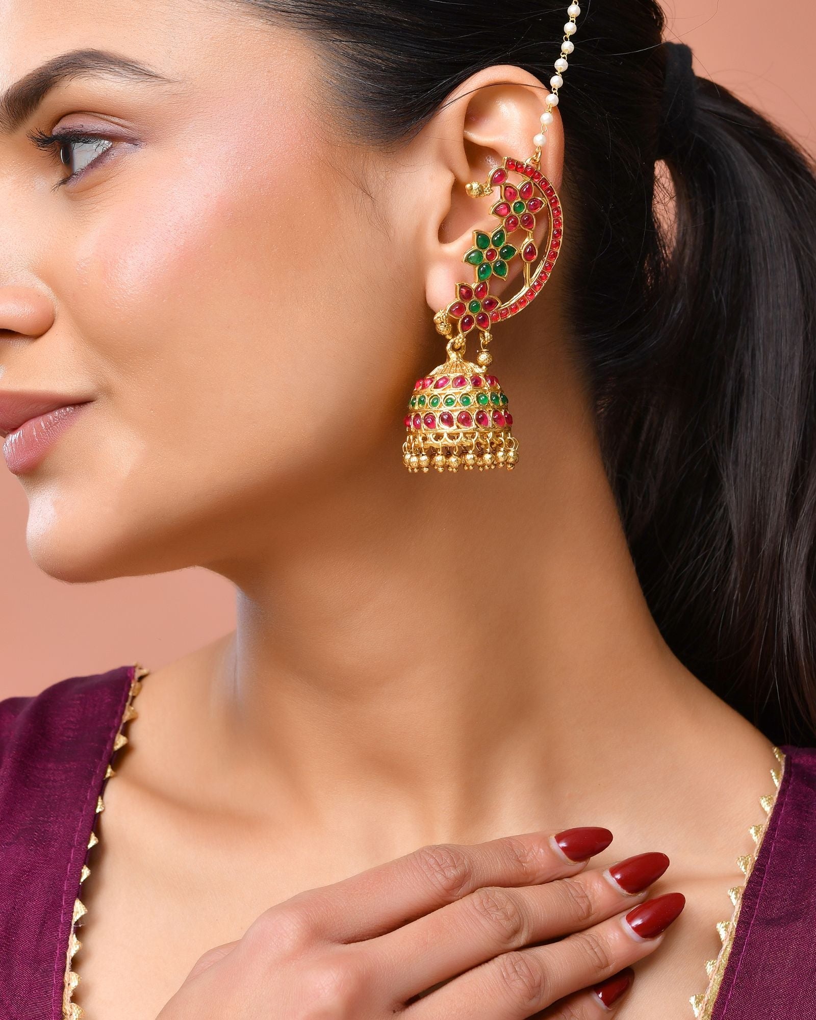 Jewels Nest Gold-Tone Kundan Floral Ear Cuff Jhumka Earrings With Pearl Chain - Distacart