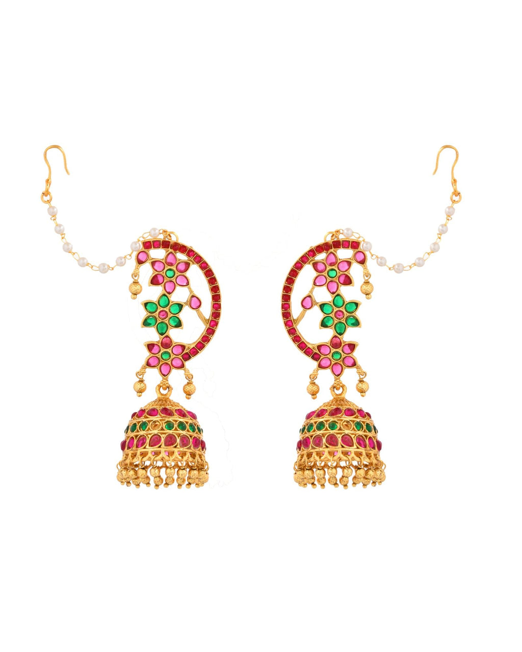 Jewels Nest Gold-Tone Kundan Floral Ear Cuff Jhumka Earrings With Pearl Chain - Distacart