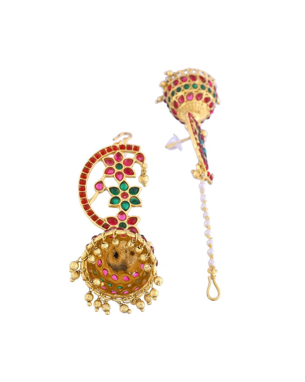 Jewels Nest Gold-Tone Kundan Floral Ear Cuff Jhumka Earrings With Pearl Chain - Distacart