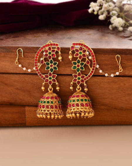 Jewels Nest Gold-Tone Kundan Floral Ear Cuff Jhumka Earrings With Pearl Chain
