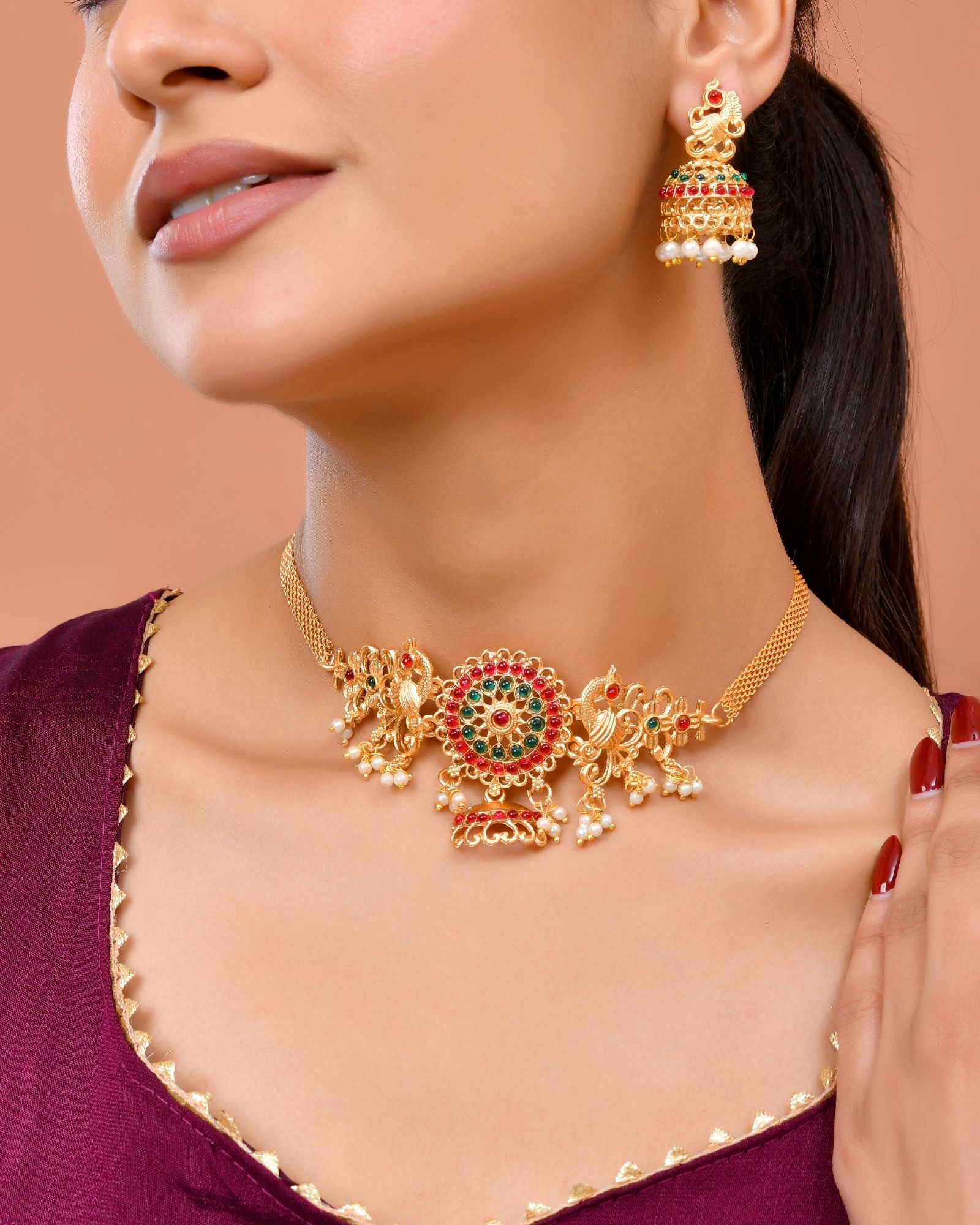 Jewels Nest Gold-Tone Kundan Peacock Pendant Necklace With Jhumka Earrings