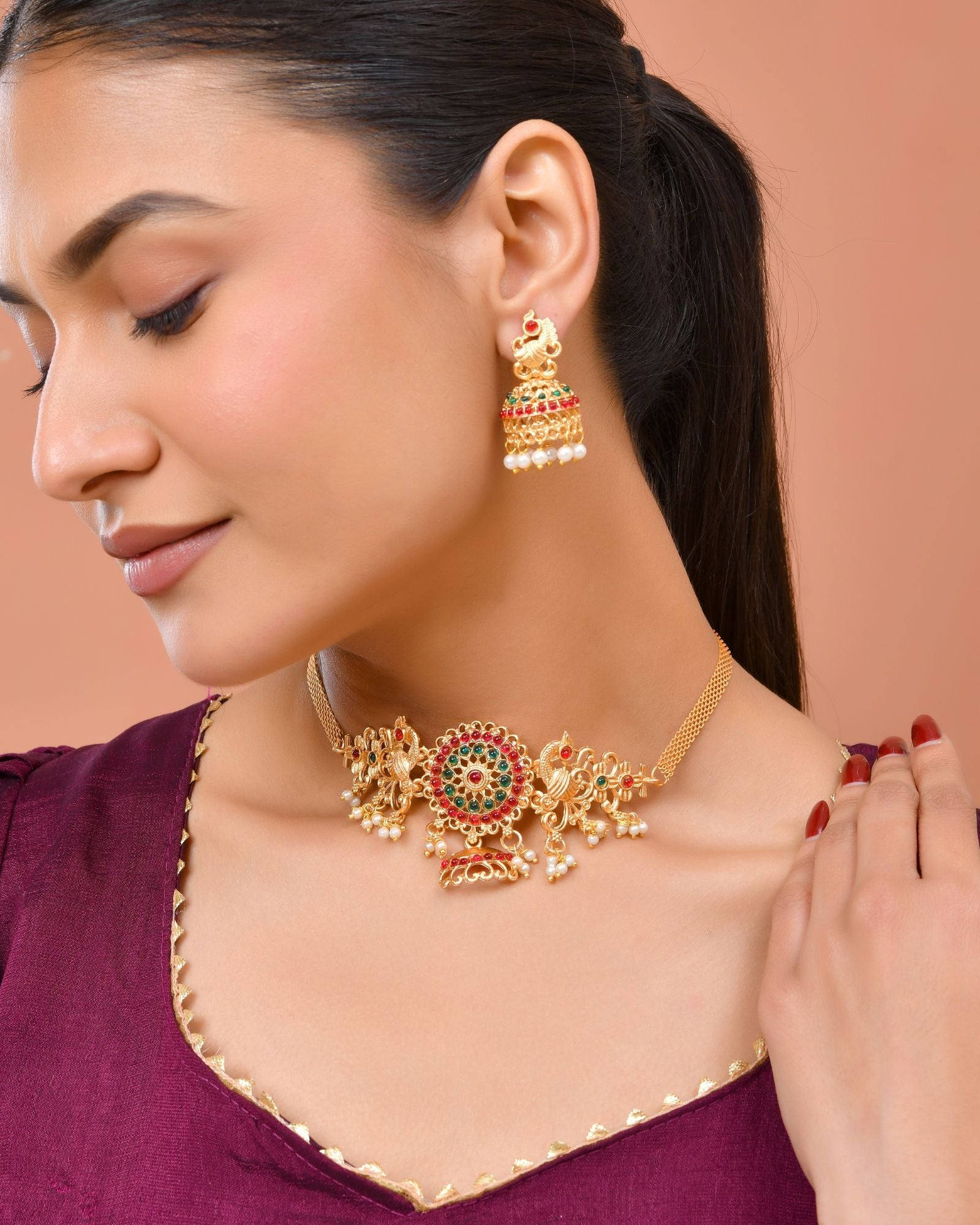 Jewels Nest Gold-Tone Kundan Peacock Pendant Necklace With Jhumka Earrings