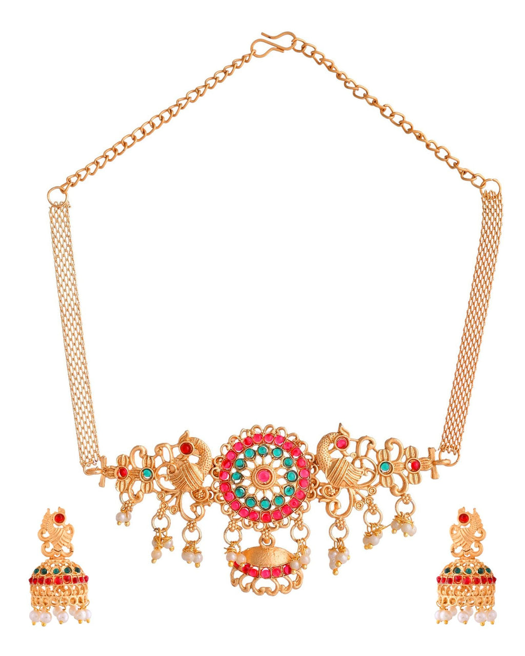 Jewels Nest Gold-Tone Kundan Peacock Pendant Necklace With Jhumka Earrings