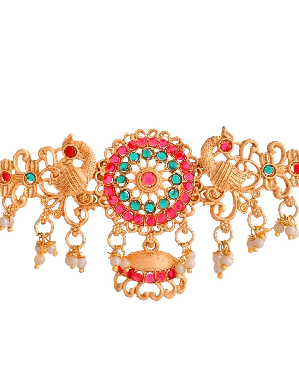 Jewels Nest Gold-Tone Kundan Peacock Pendant Necklace With Jhumka Earrings