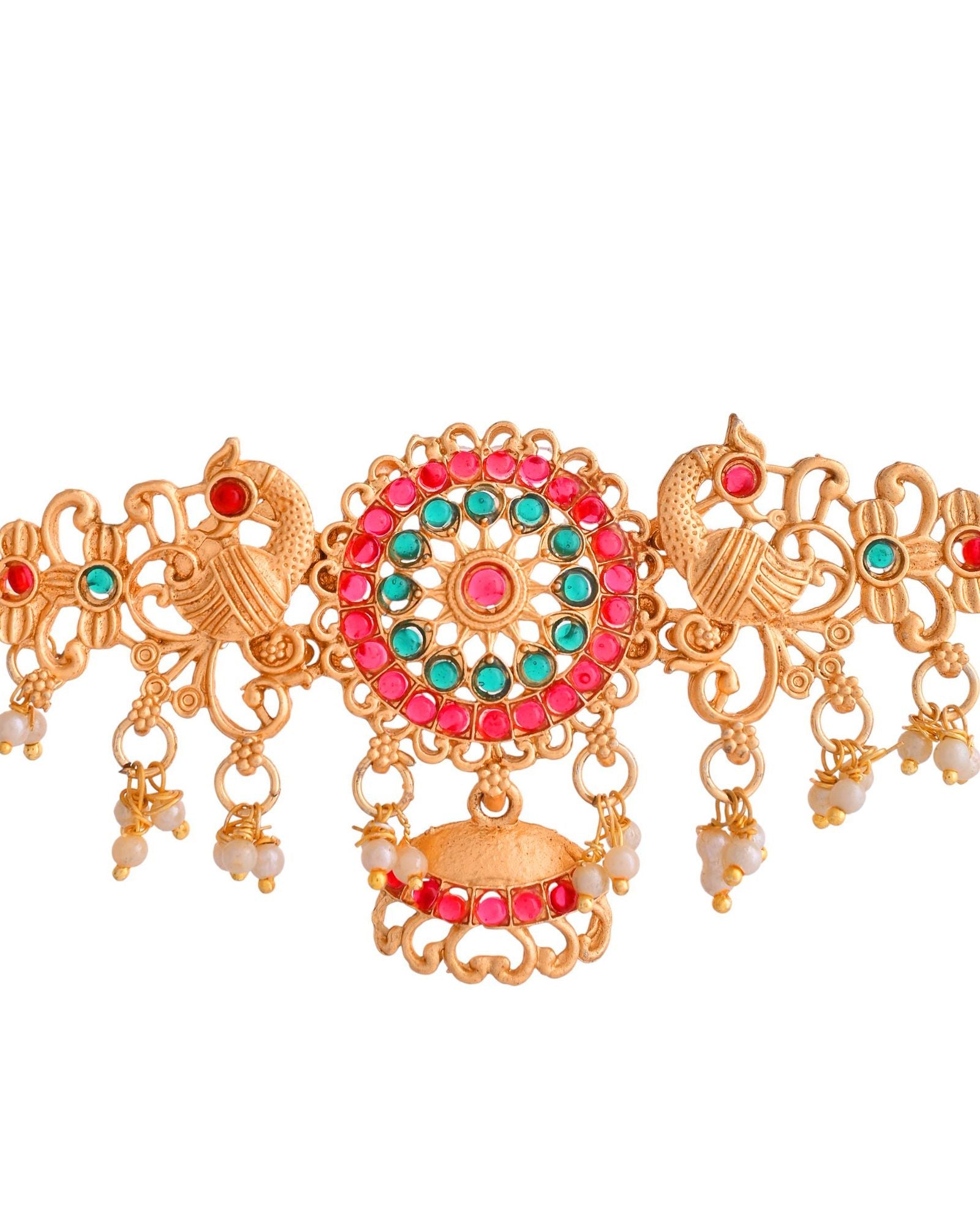 Jewels Nest Gold-Tone Kundan Peacock Pendant Necklace With Jhumka Earrings