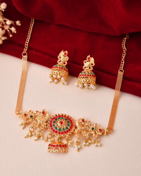 Jewels Nest Gold-Tone Kundan Peacock Pendant Necklace With Jhumka Earrings