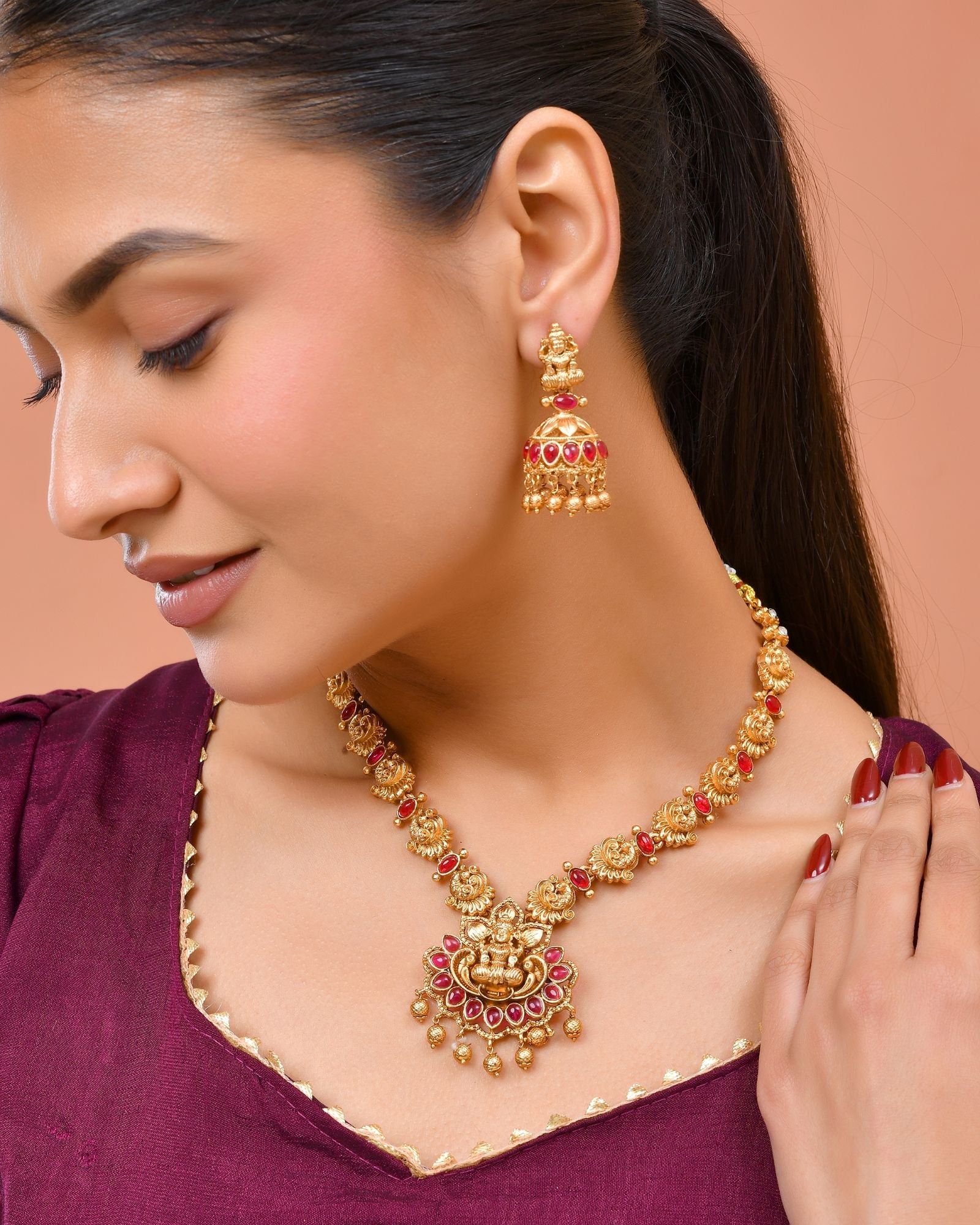 Jewels Nest Gold-Tone Temple Lakshmi Pendant Necklace With Jhumka Earrings