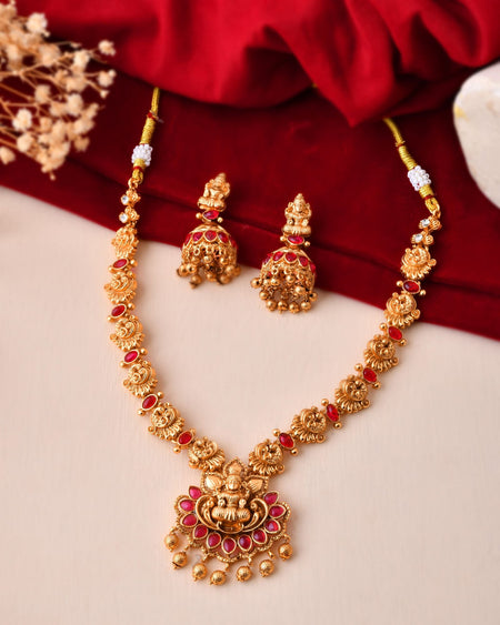 Jewels Nest Gold-Tone Temple Lakshmi Pendant Necklace With Jhumka Earrings