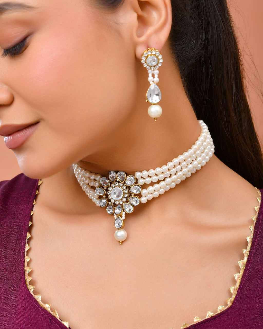 Jewels Nest Gold-Tone Pearl Choker Necklace With Stone Pendant And Earrings