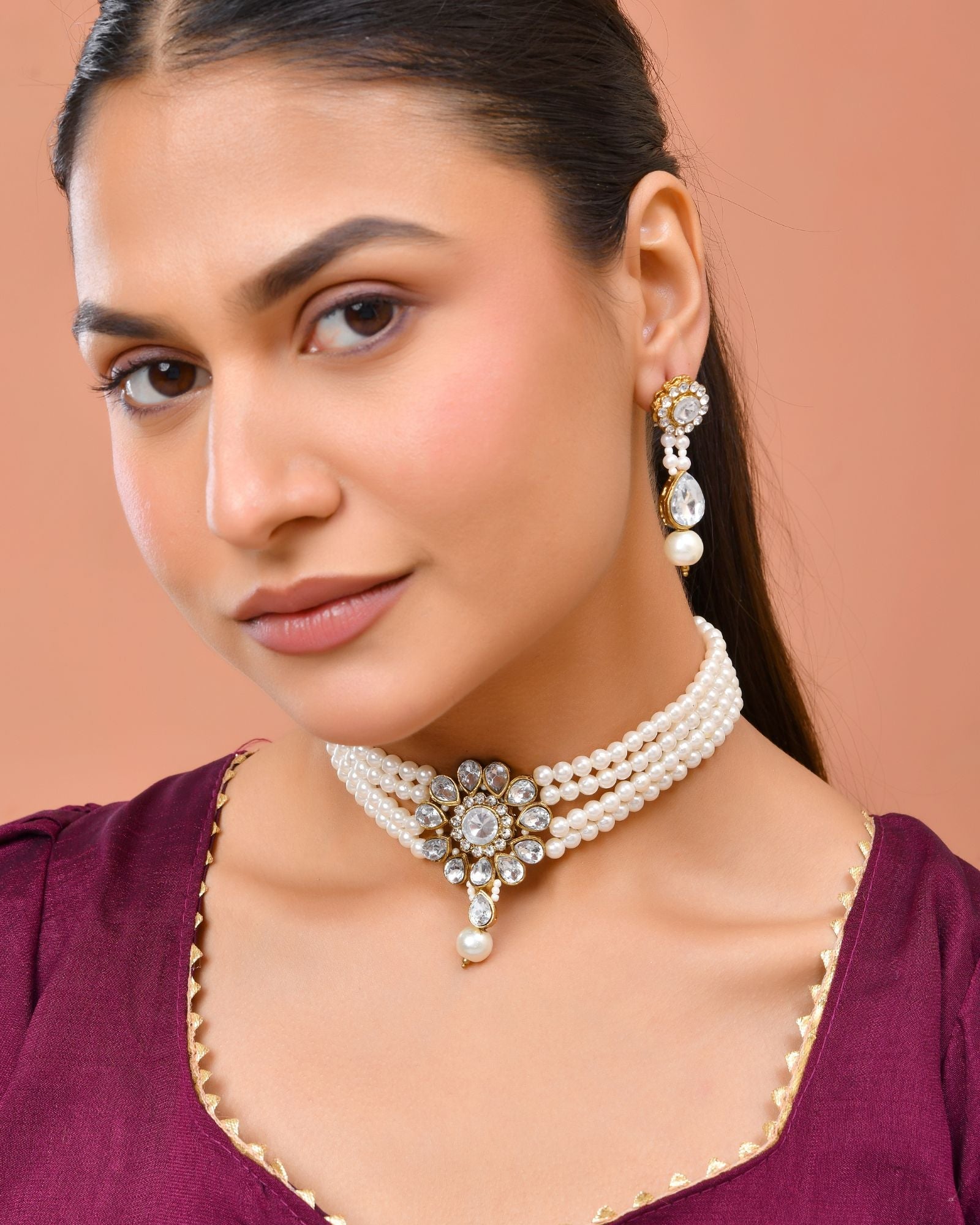 Jewels Nest Gold-Tone Pearl Choker Necklace With Stone Pendant And Earrings