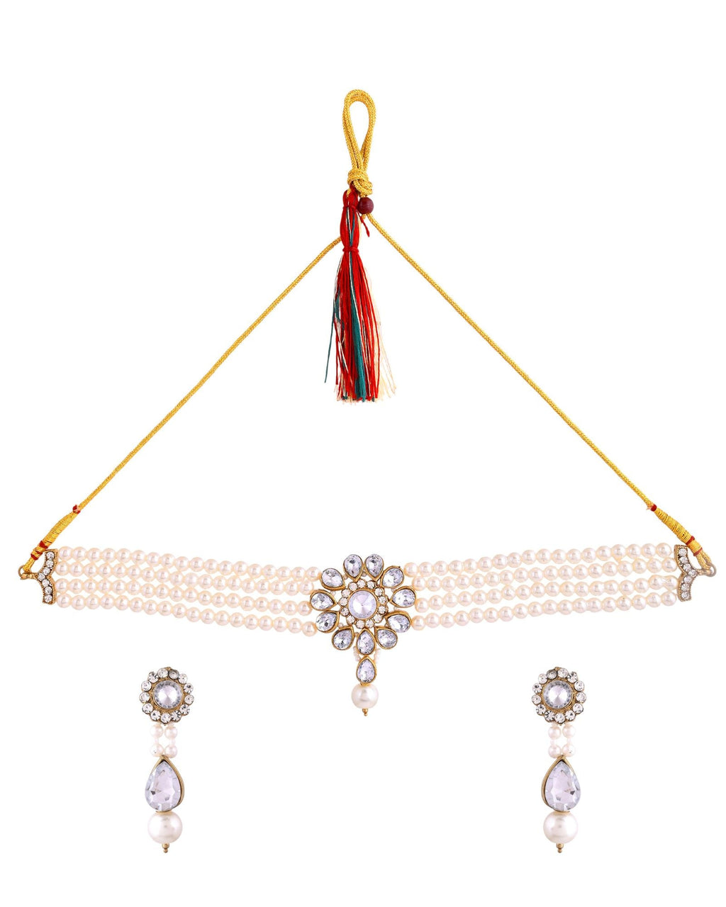 Jewels Nest Gold-Tone Pearl Choker Necklace With Stone Pendant And Earrings