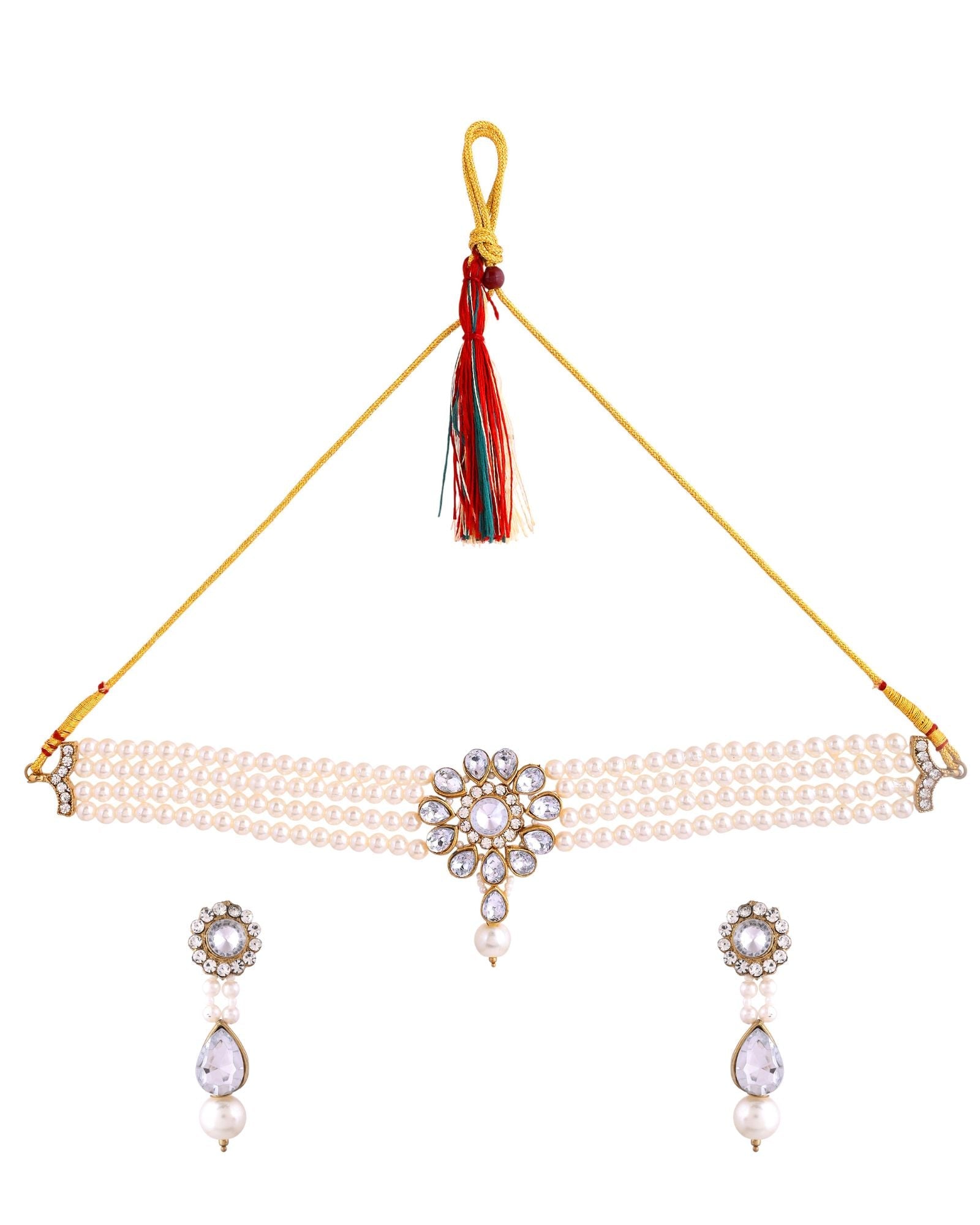 Jewels Nest Gold-Tone Pearl Choker Necklace With Stone Pendant And Earrings