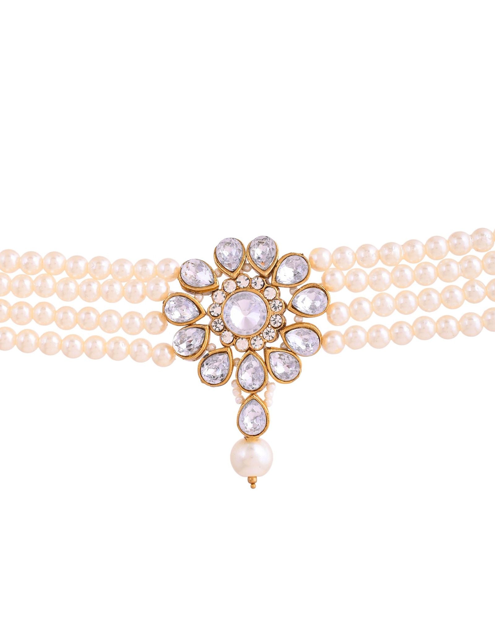 Jewels Nest Gold-Tone Pearl Choker Necklace With Stone Pendant And Earrings