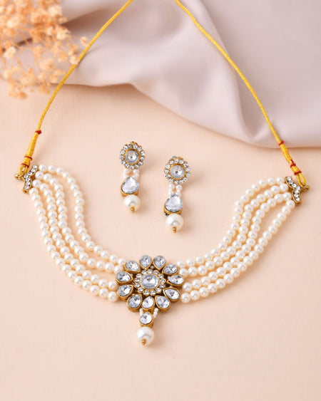 Jewels Nest Gold-Tone Pearl Choker Necklace With Stone Pendant And Earrings