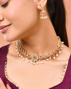 Jewels Nest Gold-Tone Peacock Motif Choker Necklace With Pearl Drops And Jhumka Earrings