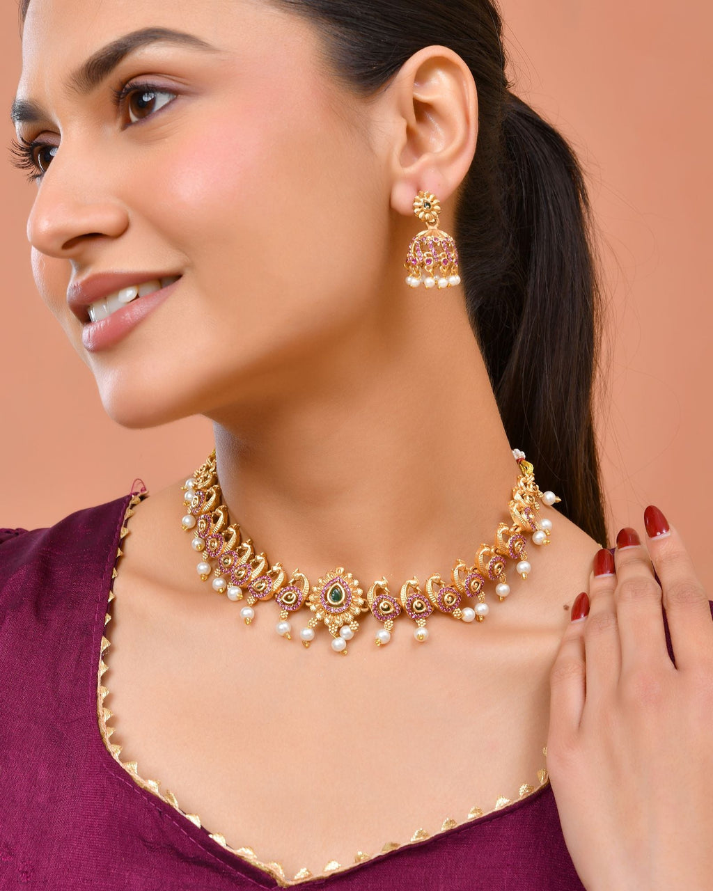 Jewels Nest Gold-Tone Peacock Motif Choker Necklace With Pearl Drops And Jhumka Earrings