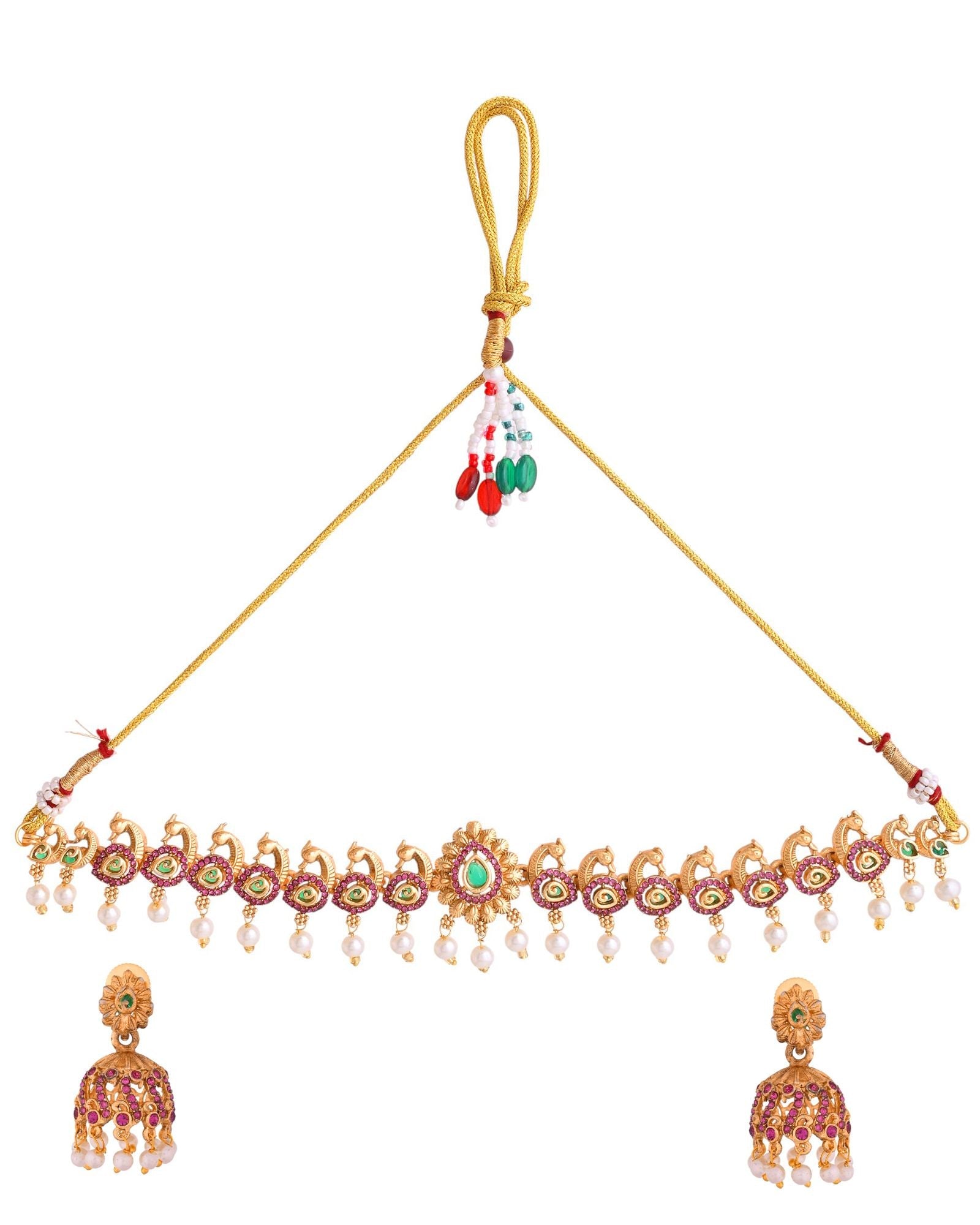 Jewels Nest Gold-Tone Peacock Motif Choker Necklace With Pearl Drops And Jhumka Earrings