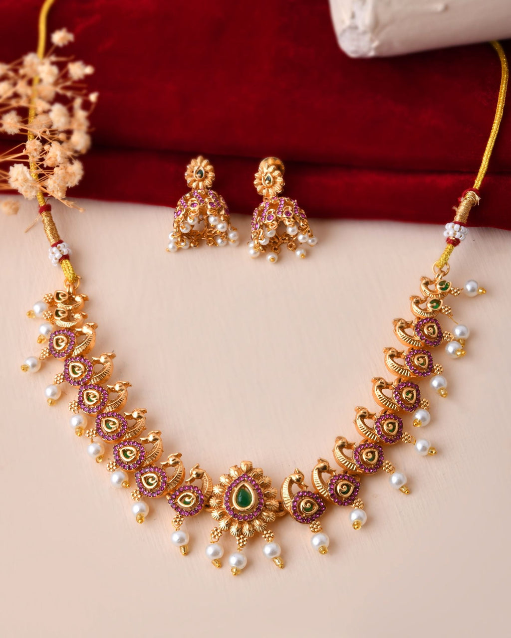 Jewels Nest Gold-Tone Peacock Motif Choker Necklace With Pearl Drops And Jhumka Earrings