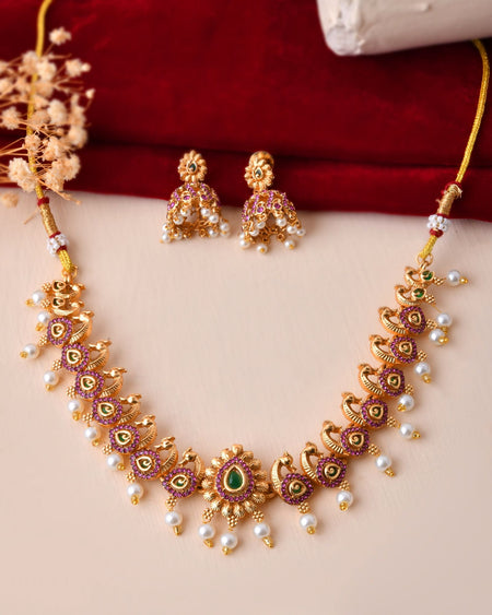 Jewels Nest Gold-Tone Peacock Motif Choker Necklace With Pearl Drops And Jhumka Earrings
