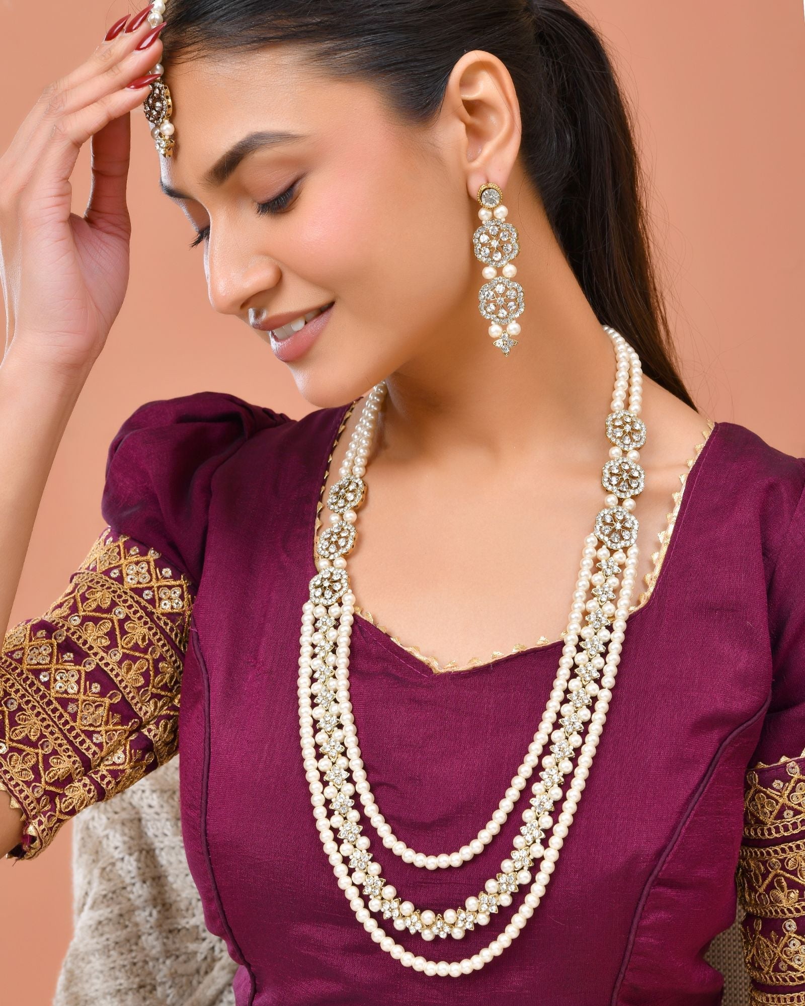 Jewels Nest Gold-Tone Layered Pearl Long Necklace With Crystal Motifs And Drop Earrings