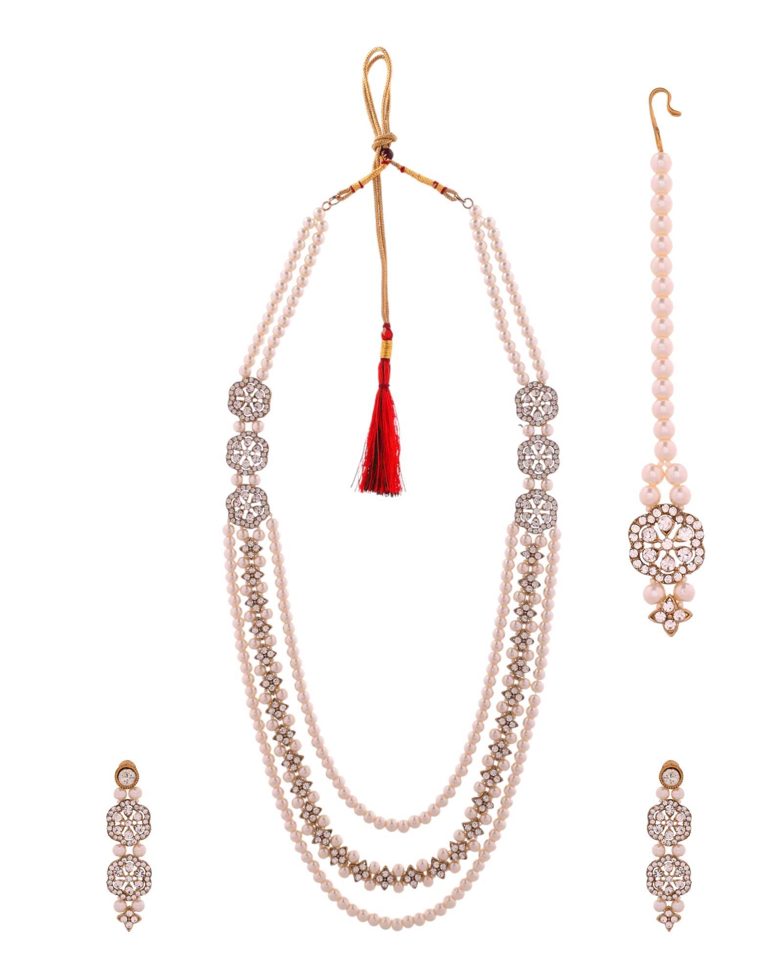 Jewels Nest Gold-Tone Layered Pearl Long Necklace With Crystal Motifs And Drop Earrings
