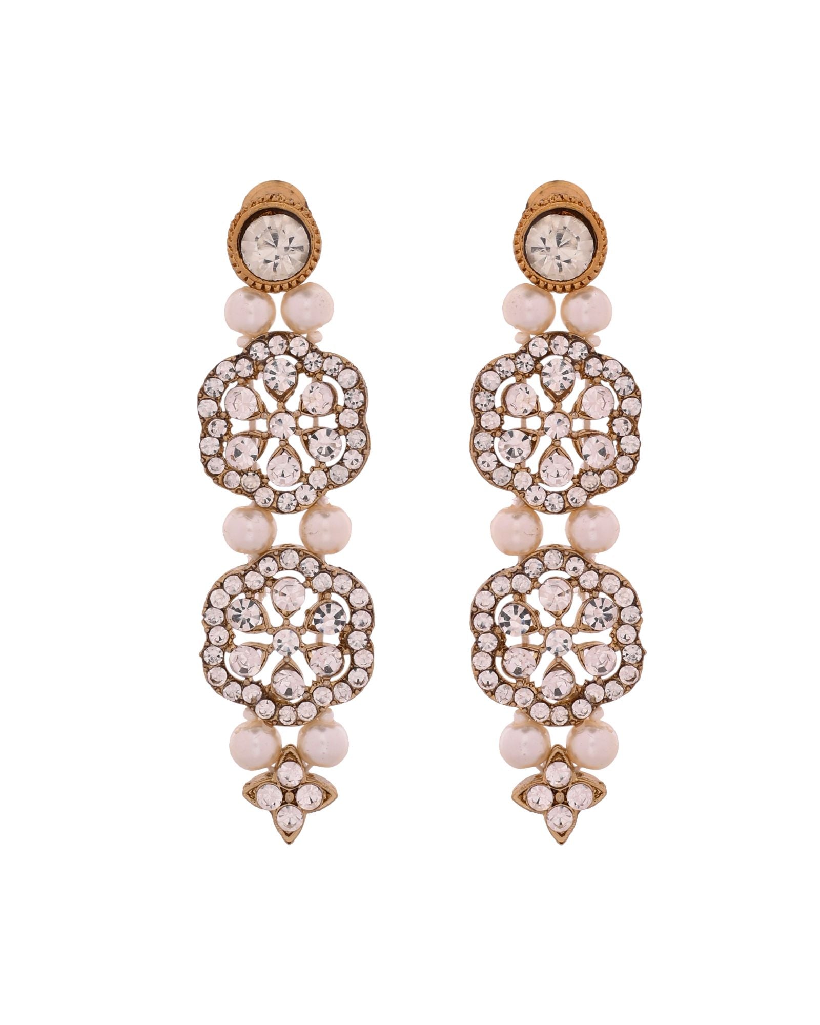 Jewels Nest Gold-Tone Layered Pearl Long Necklace With Crystal Motifs And Drop Earrings