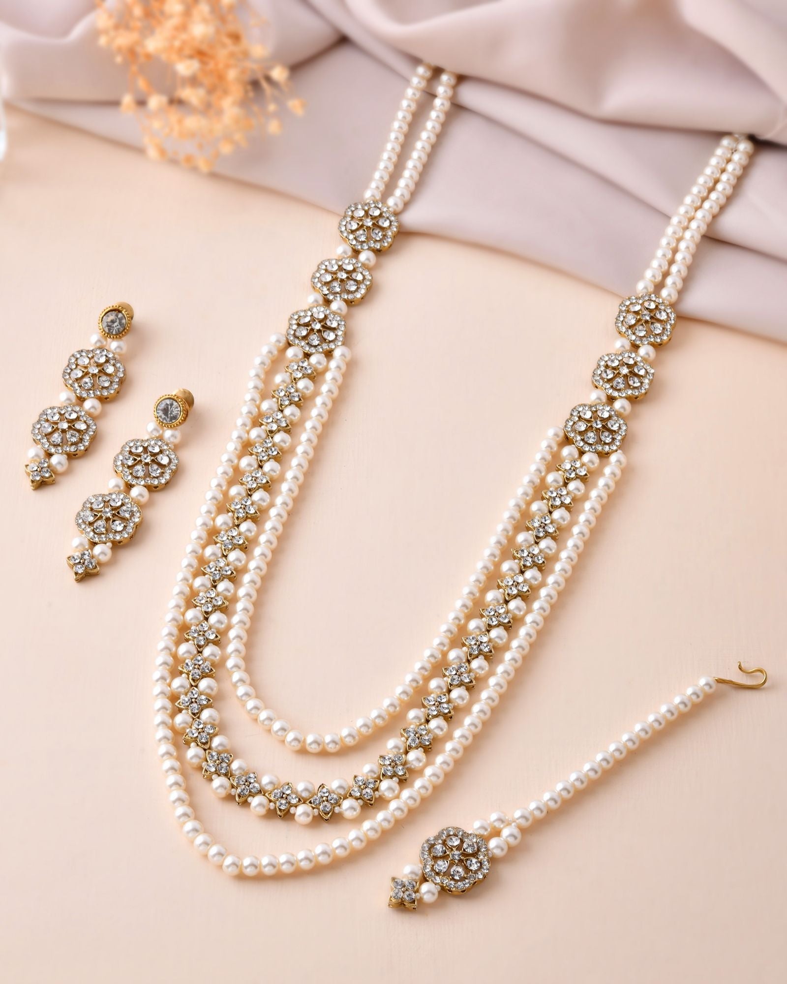 Jewels Nest Gold-Tone Layered Pearl Long Necklace With Crystal Motifs And Drop Earrings