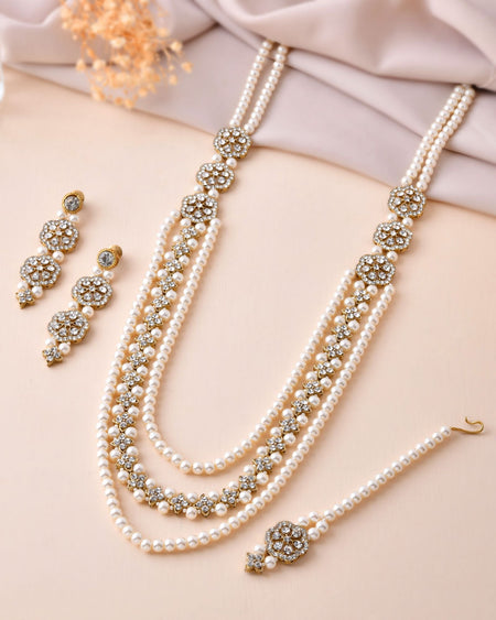 Jewels Nest Gold-Tone Layered Pearl Long Necklace With Crystal Motifs And Drop Earrings